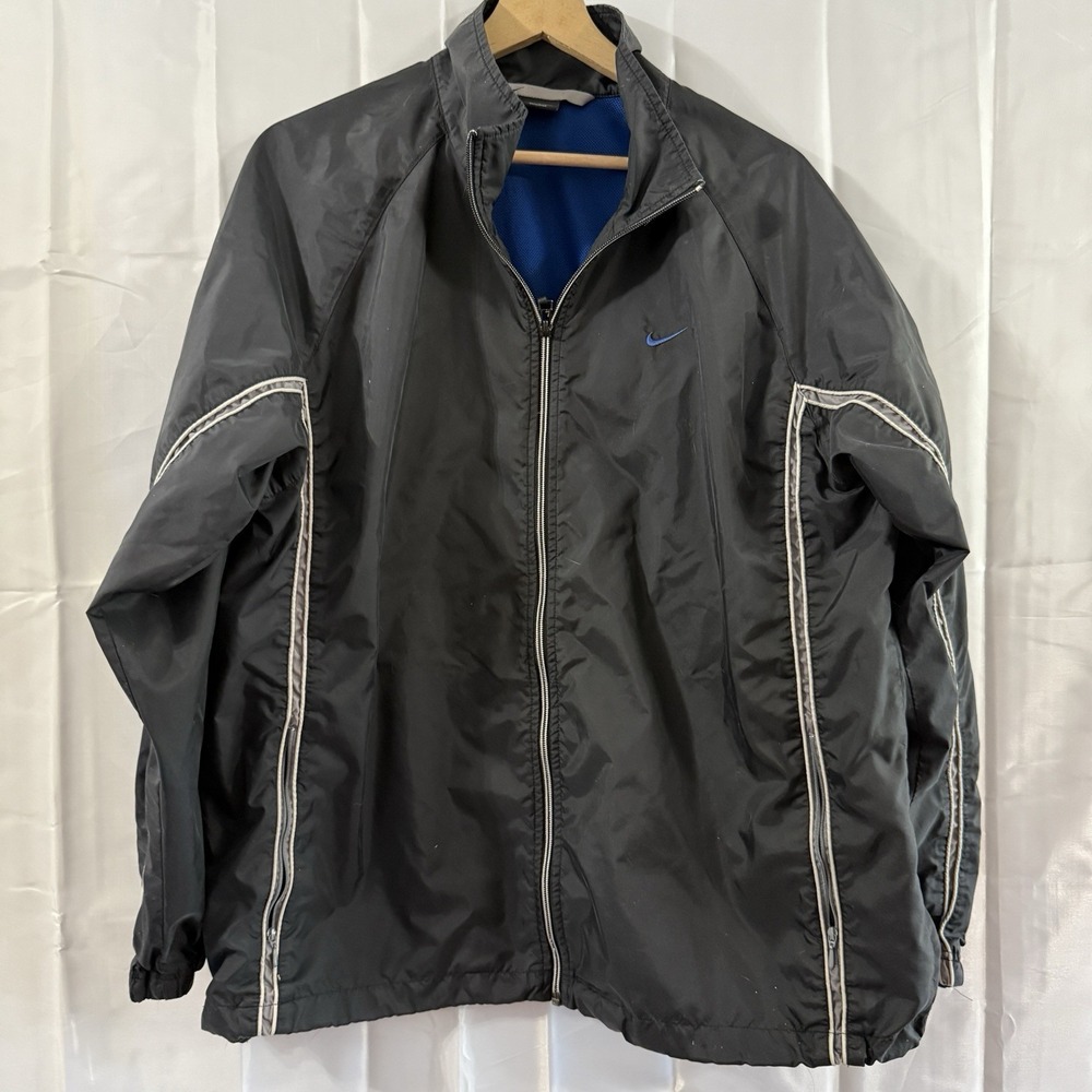 VINTAGE Nike Jacket Mens L Black Windbreaker Swoosh Track Lined Polyester Y2K
